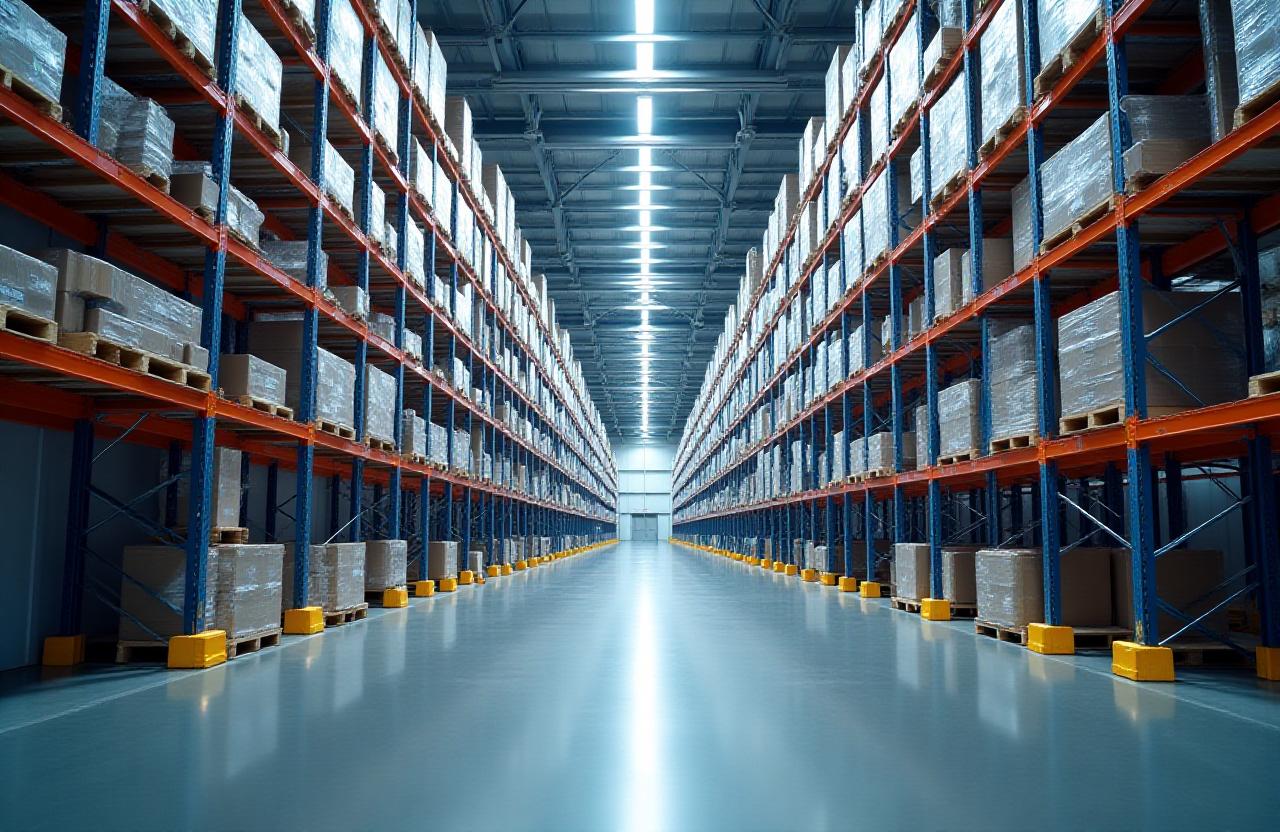 Massive logistics warehouse interior with high-stack racking