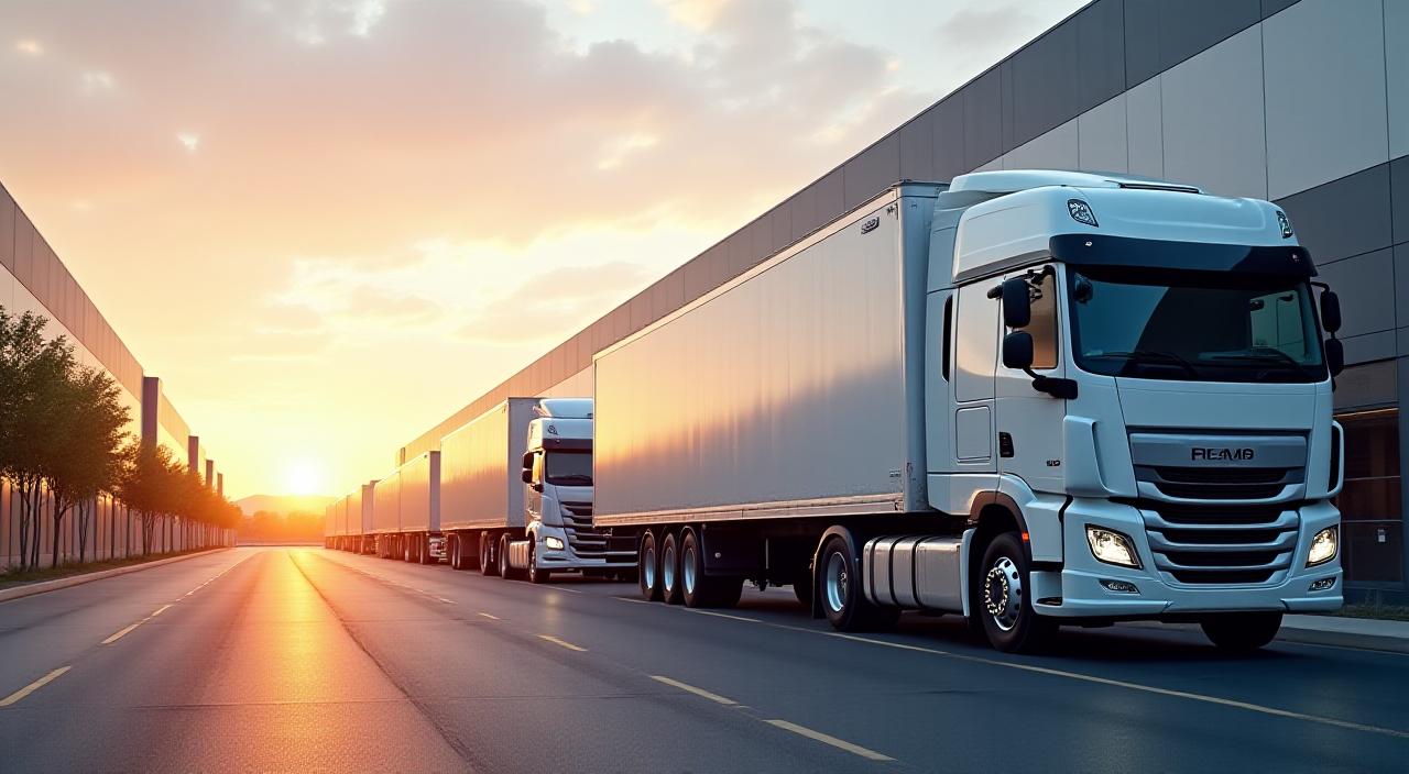 Modern logistics hub with freight trucks