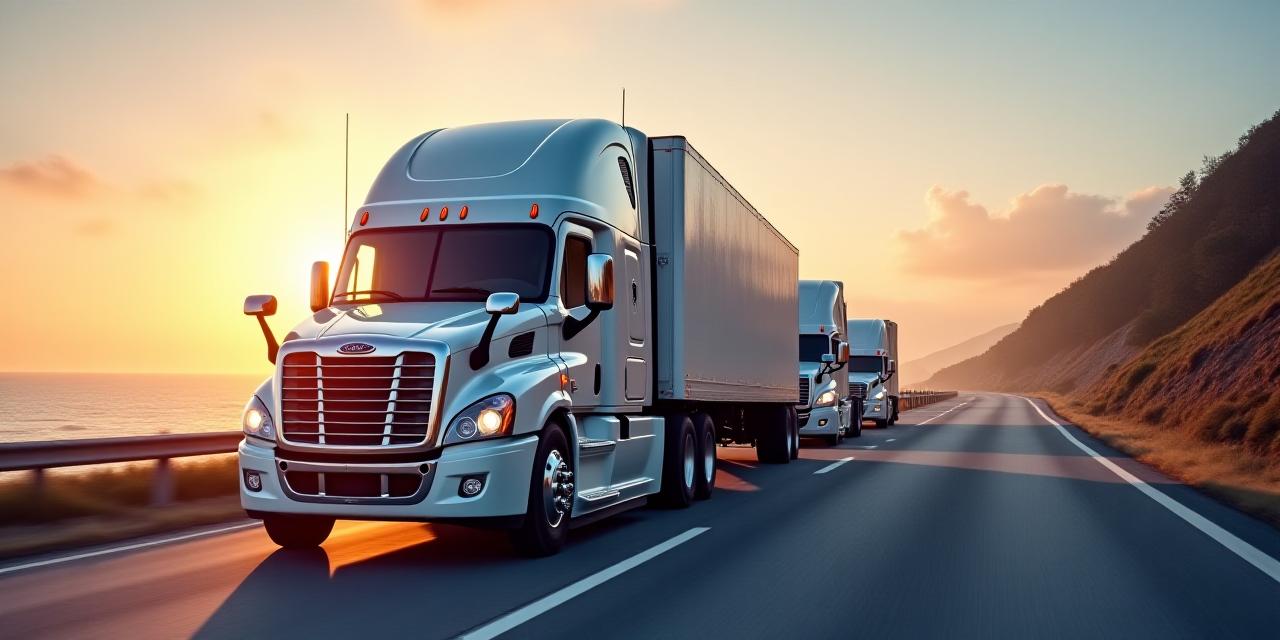 A modern fleet of logistics trucks on a coastal highway