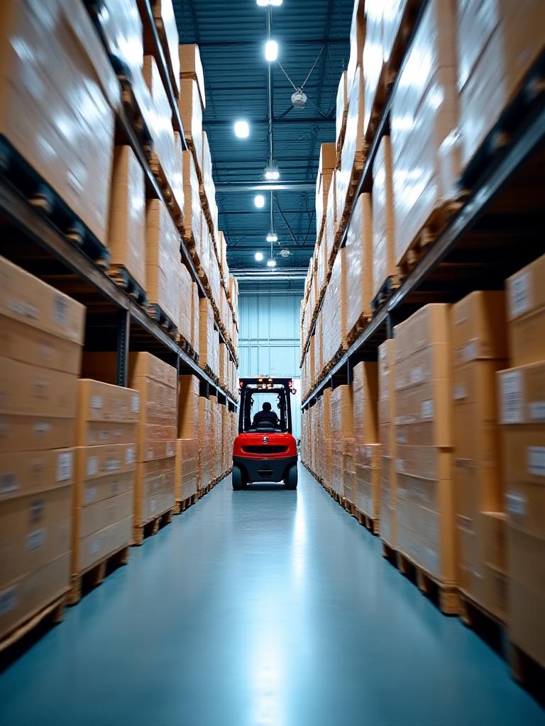 Forklift moving pallets in a high-efficiency cross-docking zone